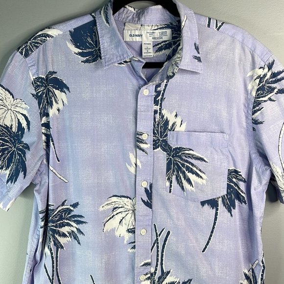 Old Navy Palm Tree Print Hawaiian Shirt Periwinkle Blue Slim Fit Short Sleeve L - Picture 2 of 9
